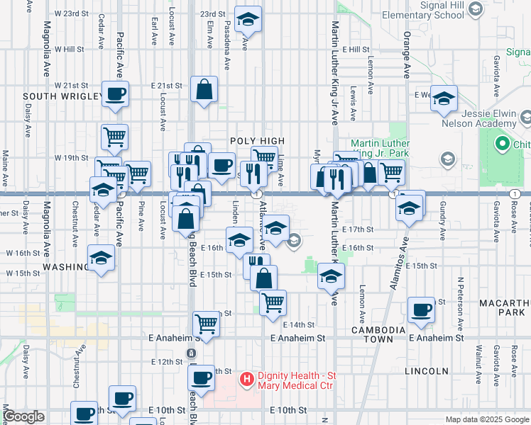map of restaurants, bars, coffee shops, grocery stores, and more near 630 East Esther Street in Long Beach