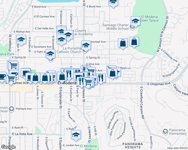 map of restaurants, bars, coffee shops, grocery stores, and more near 18825 East Pearl Avenue in Orange