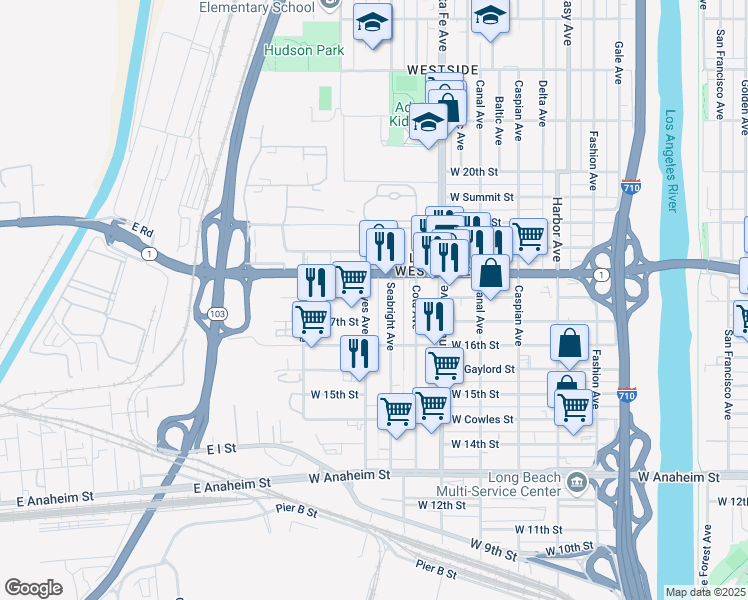 map of restaurants, bars, coffee shops, grocery stores, and more near 1763 Seabright Avenue in Long Beach