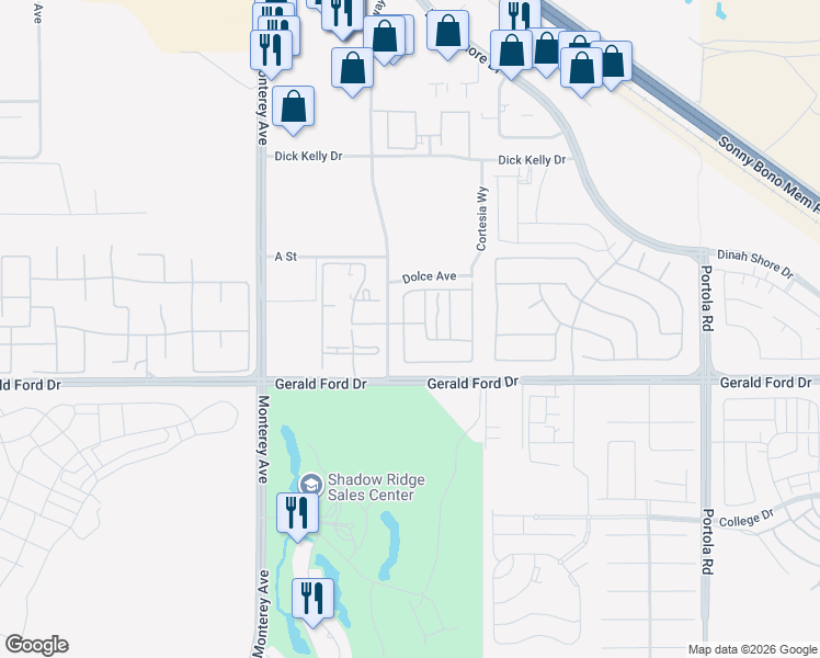 map of restaurants, bars, coffee shops, grocery stores, and more near 35474 Domani Drive in Palm Desert