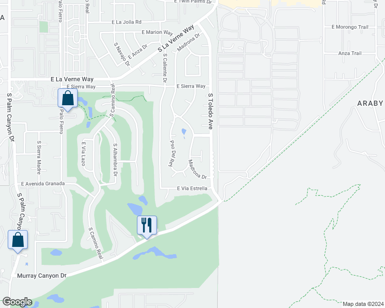 map of restaurants, bars, coffee shops, grocery stores, and more near 2390 Madrona Drive in Palm Springs