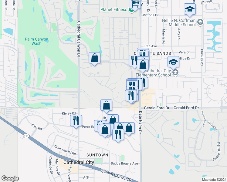 map of restaurants, bars, coffee shops, grocery stores, and more near 35738 Calle Montigo in Cathedral City