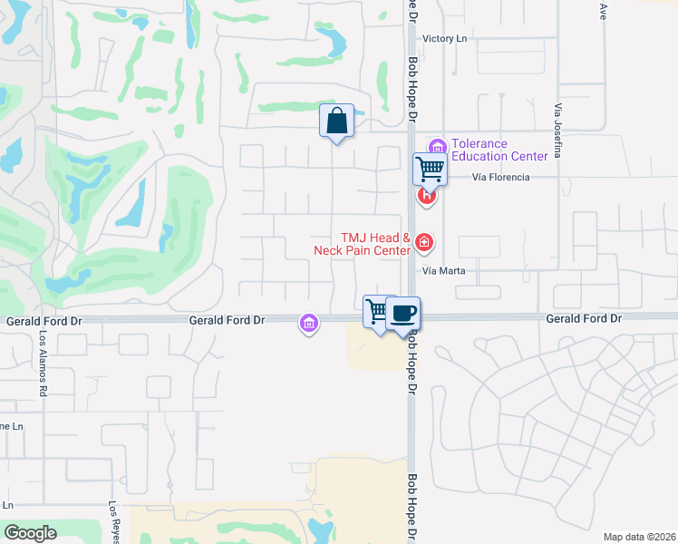 map of restaurants, bars, coffee shops, grocery stores, and more near 8 Victoria Falls Drive in Rancho Mirage