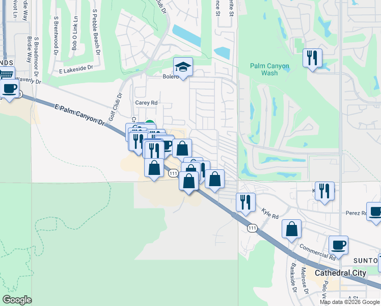 map of restaurants, bars, coffee shops, grocery stores, and more near 87 Desert Rose Drive in Palm Springs