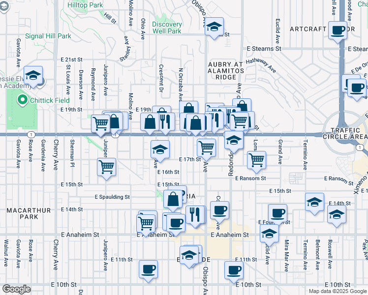 map of restaurants, bars, coffee shops, grocery stores, and more near 1744 Orizaba Avenue in Long Beach