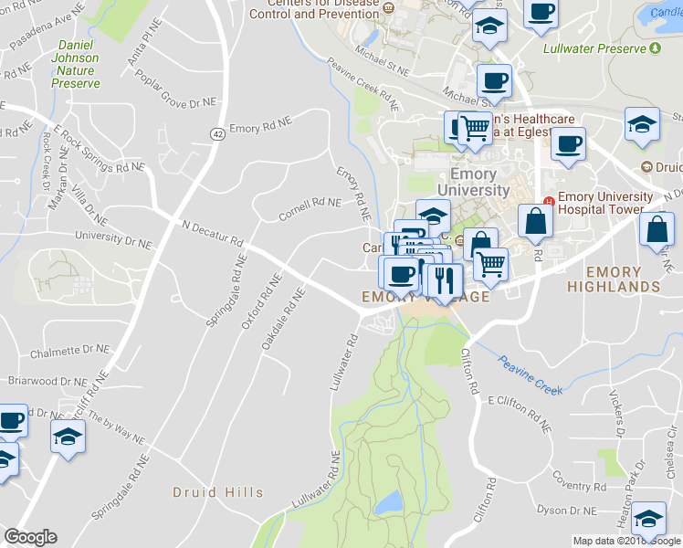map of restaurants, bars, coffee shops, grocery stores, and more near 1285 Oakdale Road Northeast in Atlanta