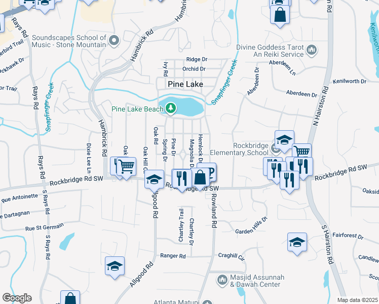 map of restaurants, bars, coffee shops, grocery stores, and more near 4606 Forrest Road in Pine Lake