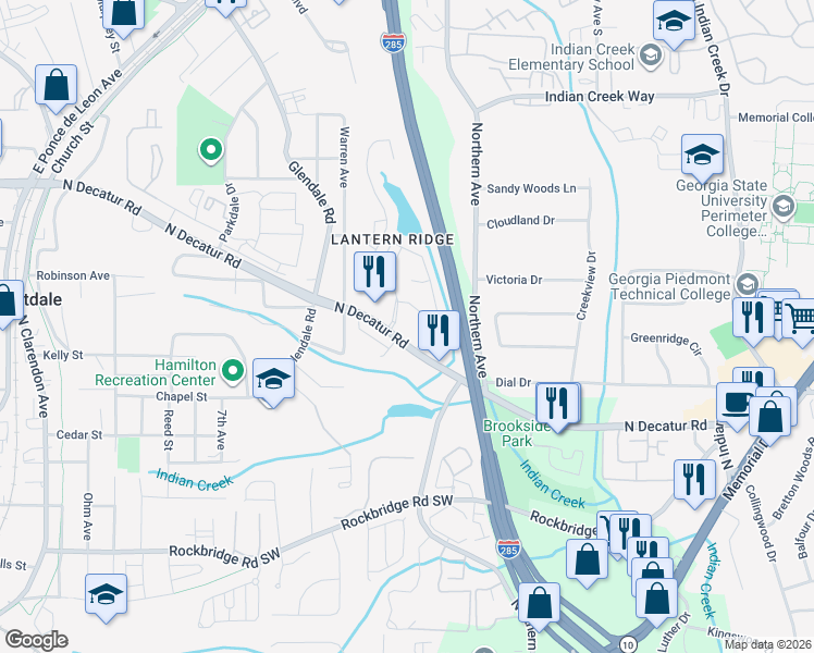 map of restaurants, bars, coffee shops, grocery stores, and more near 551 Lantern Park Lane in Scottdale