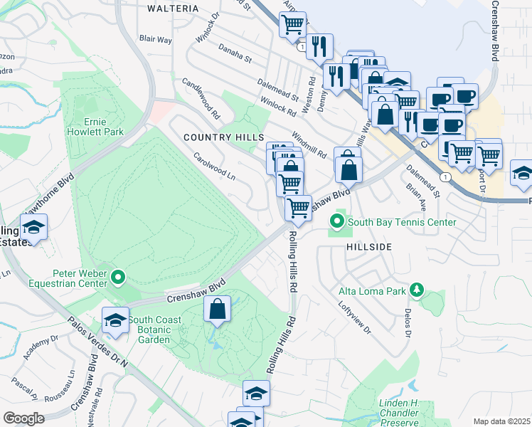 map of restaurants, bars, coffee shops, grocery stores, and more near 2910 Briarwood Drive in Torrance