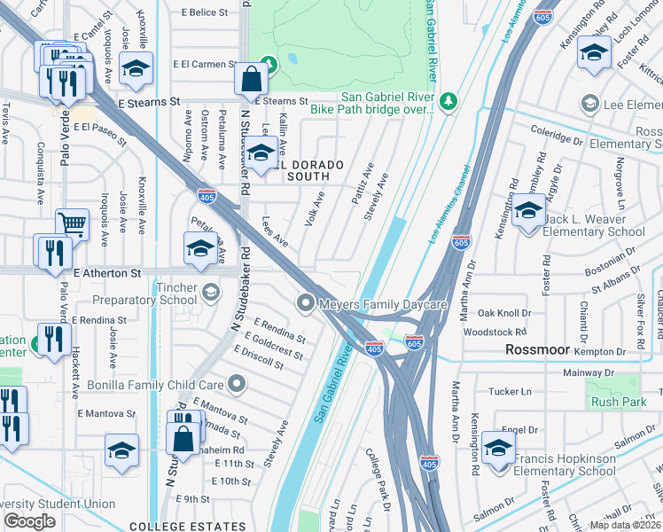 map of restaurants, bars, coffee shops, grocery stores, and more near 1836 Stevely Avenue in Long Beach