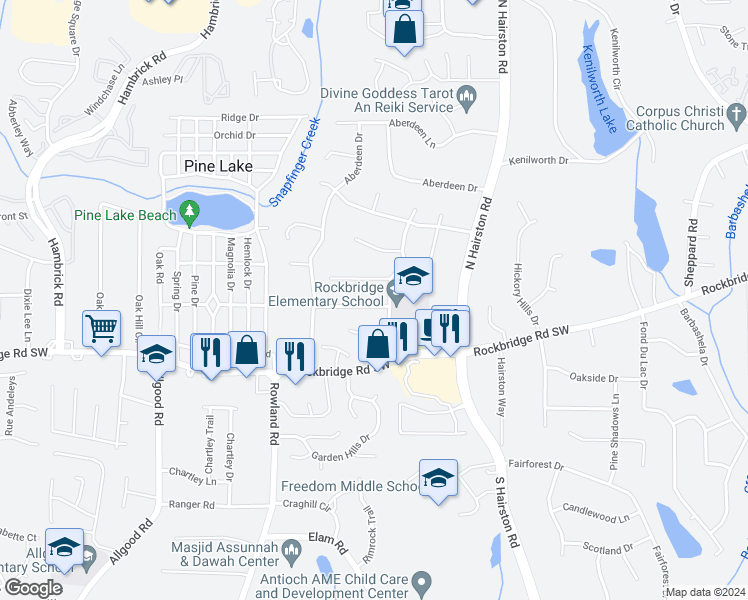 map of restaurants, bars, coffee shops, grocery stores, and more near 4658 Randalwood Drive in Stone Mountain