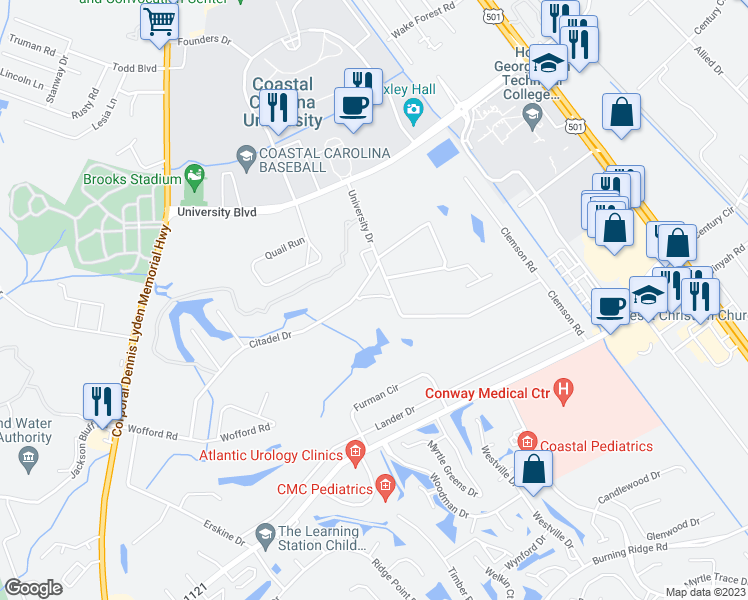map of restaurants, bars, coffee shops, grocery stores, and more near 107 Citadel Drive in Conway