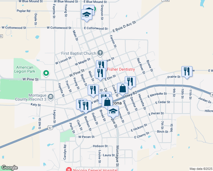 map of restaurants, bars, coffee shops, grocery stores, and more near 107 East Oak Street in Nocona