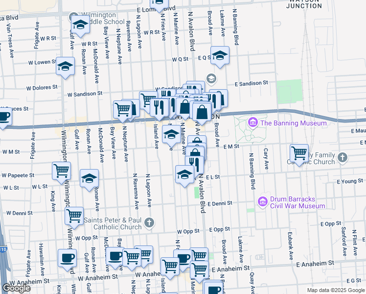 map of restaurants, bars, coffee shops, grocery stores, and more near 1303 North Marine Avenue in Los Angeles
