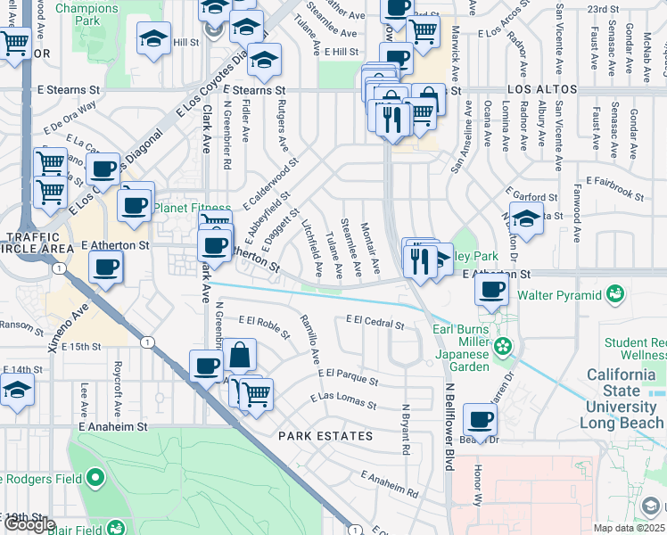 map of restaurants, bars, coffee shops, grocery stores, and more near 1833 Tulane Ave in Long Beach