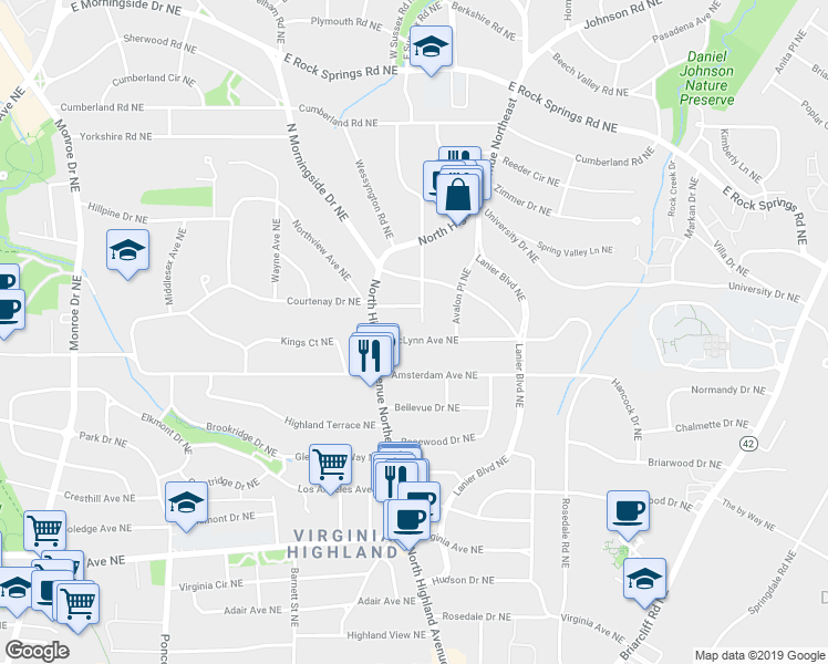 map of restaurants, bars, coffee shops, grocery stores, and more near 1010 McLynn Avenue Northeast in Atlanta