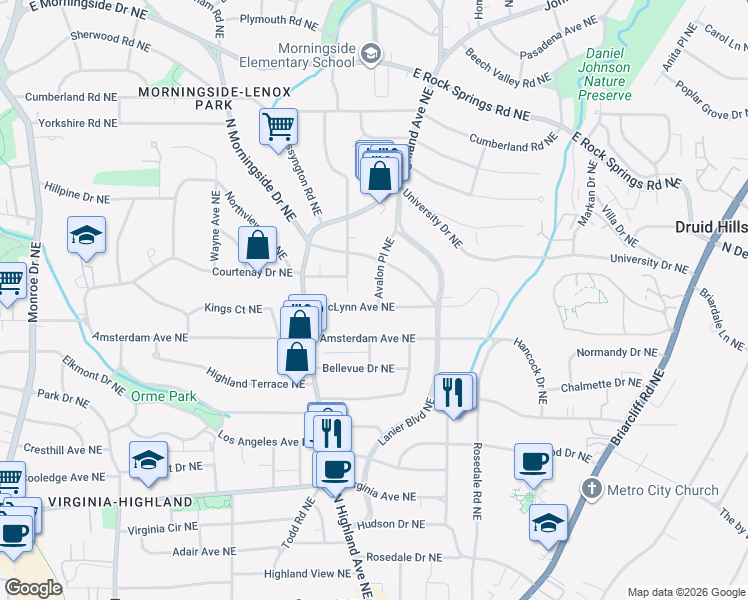 map of restaurants, bars, coffee shops, grocery stores, and more near 1054 McLynn Avenue Northeast in Atlanta