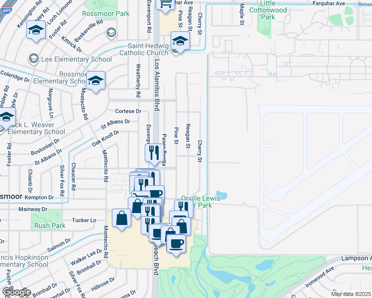 map of restaurants, bars, coffee shops, grocery stores, and more near 11961 Reagan Street in Los Alamitos