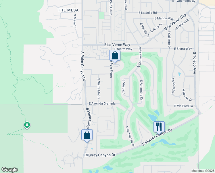 map of restaurants, bars, coffee shops, grocery stores, and more near 566 East Flor Circle in Palm Springs