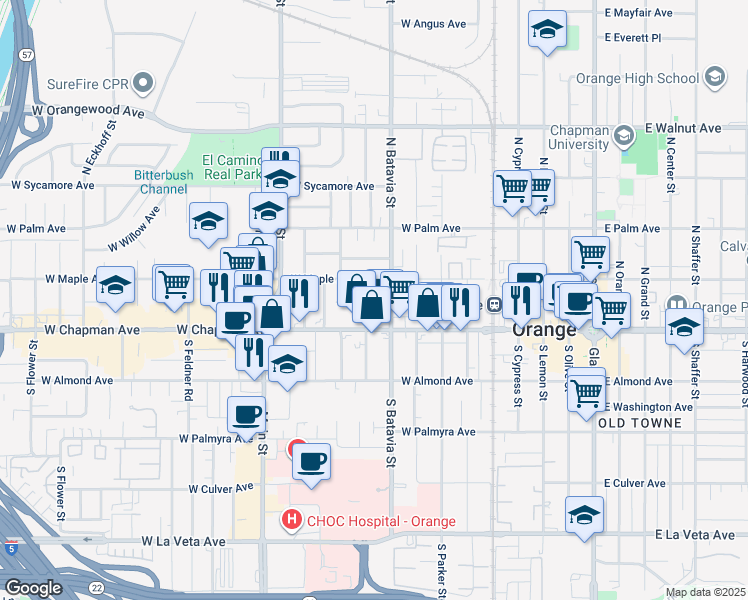 map of restaurants, bars, coffee shops, grocery stores, and more near 157 North Citrus Street in Orange
