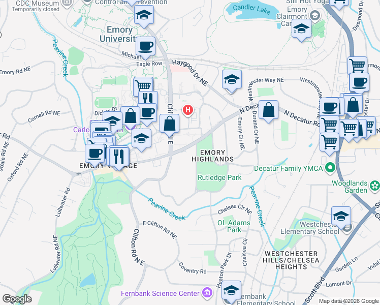 map of restaurants, bars, coffee shops, grocery stores, and more near 1743 North Decatur Road in Atlanta