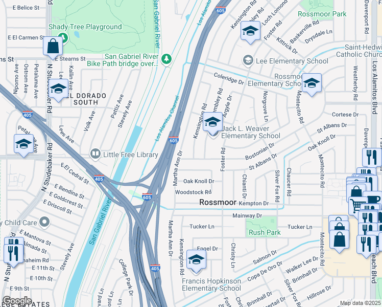 map of restaurants, bars, coffee shops, grocery stores, and more near 11941 Kensington Road in Los Alamitos