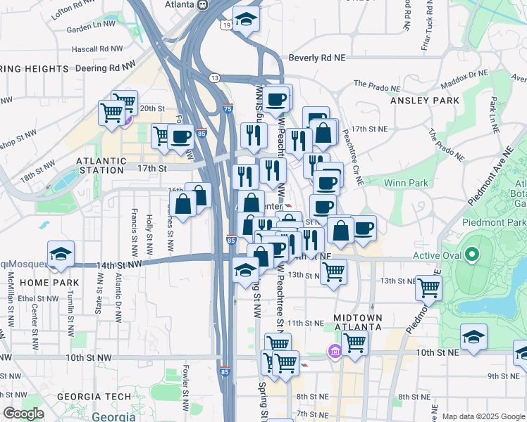 map of restaurants, bars, coffee shops, grocery stores, and more near 1240 West Peachtree Street Northwest in Atlanta