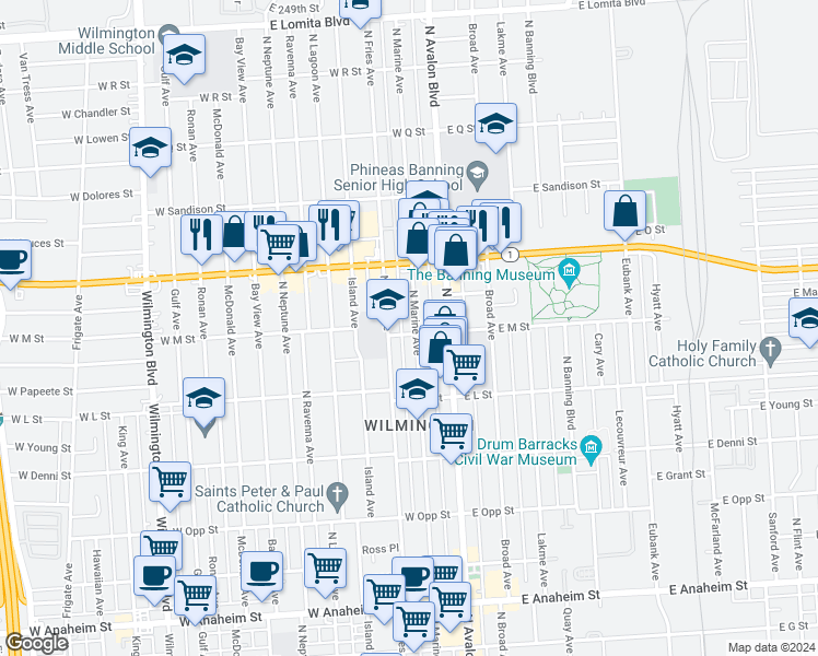 map of restaurants, bars, coffee shops, grocery stores, and more near 1307 North Marine Avenue in Los Angeles