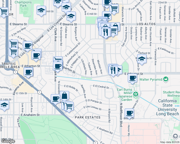 map of restaurants, bars, coffee shops, grocery stores, and more near 1833 Tulane Avenue in Long Beach