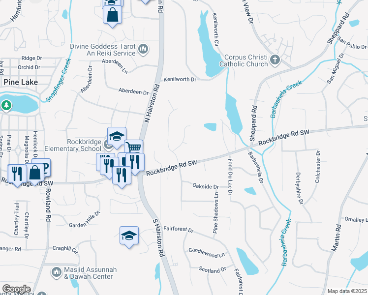 map of restaurants, bars, coffee shops, grocery stores, and more near 448 Hickory Hills Trail in Stone Mountain