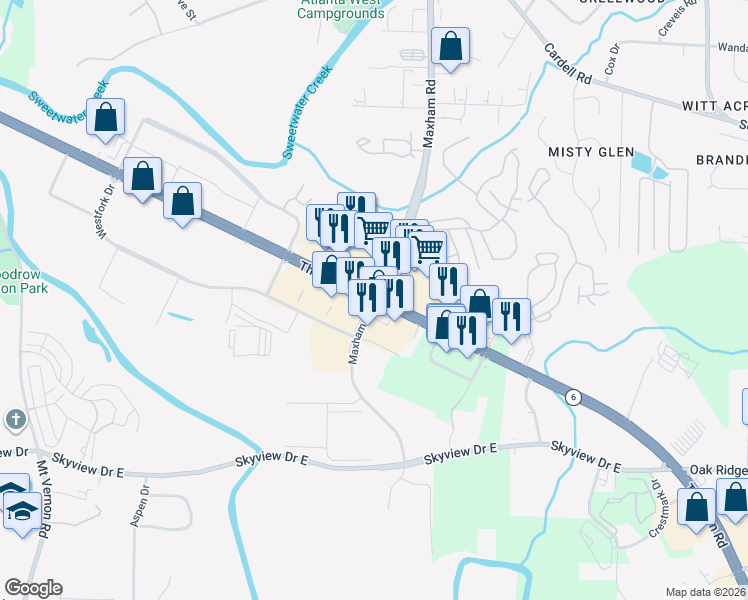 map of restaurants, bars, coffee shops, grocery stores, and more near 608 Thornton Road in Lithia Springs