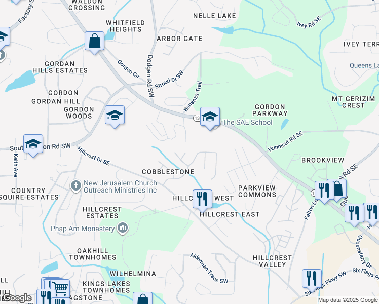 map of restaurants, bars, coffee shops, grocery stores, and more near 6753 Clearstream Way in Austell