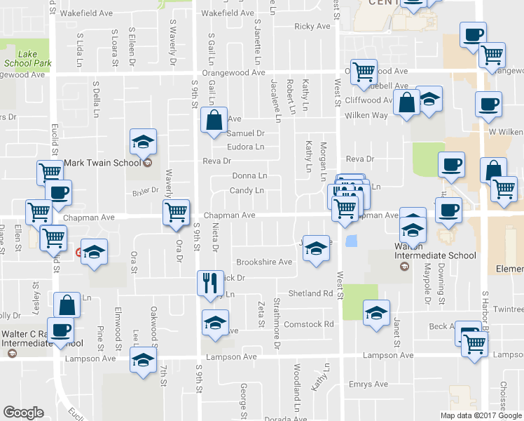 map of restaurants, bars, coffee shops, grocery stores, and more near 11971 Jennifer Lane in Garden Grove