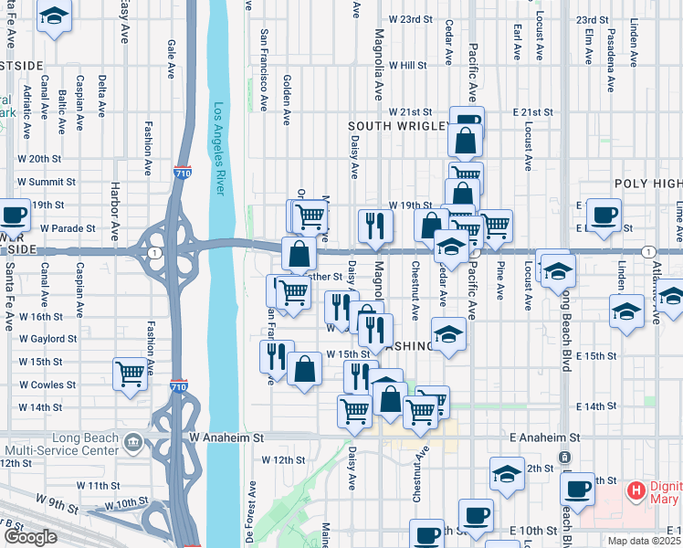 map of restaurants, bars, coffee shops, grocery stores, and more near 623 West Esther Street in Long Beach
