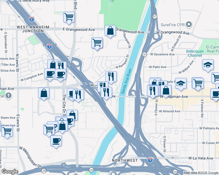 map of restaurants, bars, coffee shops, grocery stores, and more near 3063 West Chapman Avenue in Orange