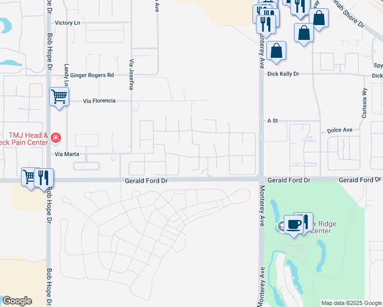 map of restaurants, bars, coffee shops, grocery stores, and more near 34 Paris Way in Rancho Mirage