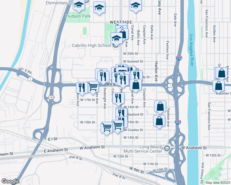 map of restaurants, bars, coffee shops, grocery stores, and more near 1734 Cota Avenue in Long Beach