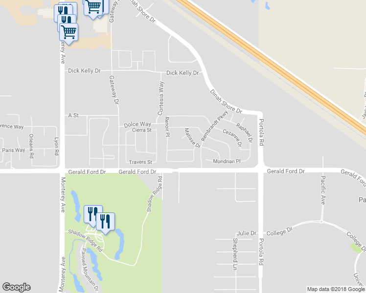 map of restaurants, bars, coffee shops, grocery stores, and more near 73688 Vermeer Way in Palm Desert