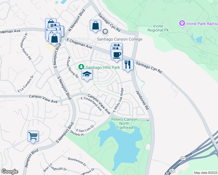 map of restaurants, bars, coffee shops, grocery stores, and more near 8243 East Ironwood Avenue in Orange