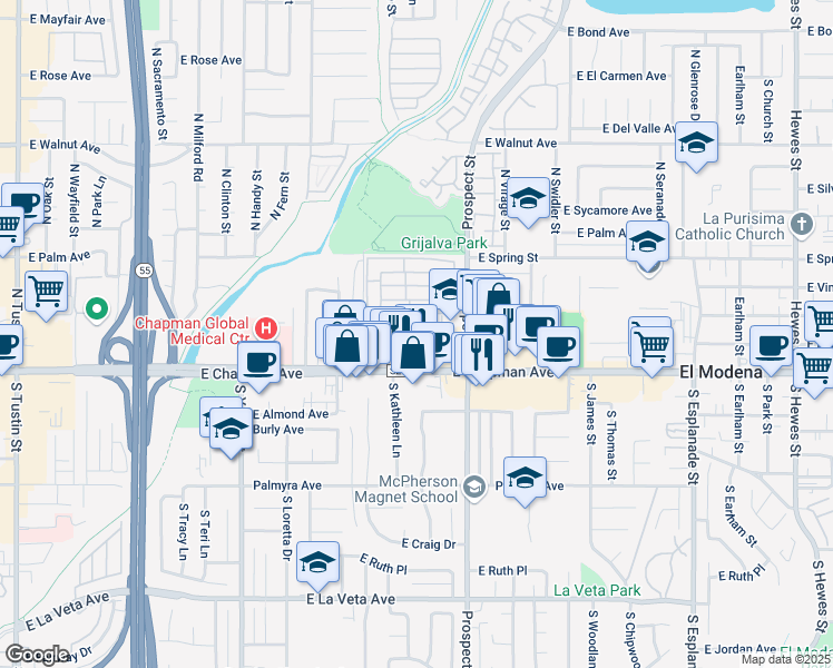 map of restaurants, bars, coffee shops, grocery stores, and more near 167 North 1st Street in Orange
