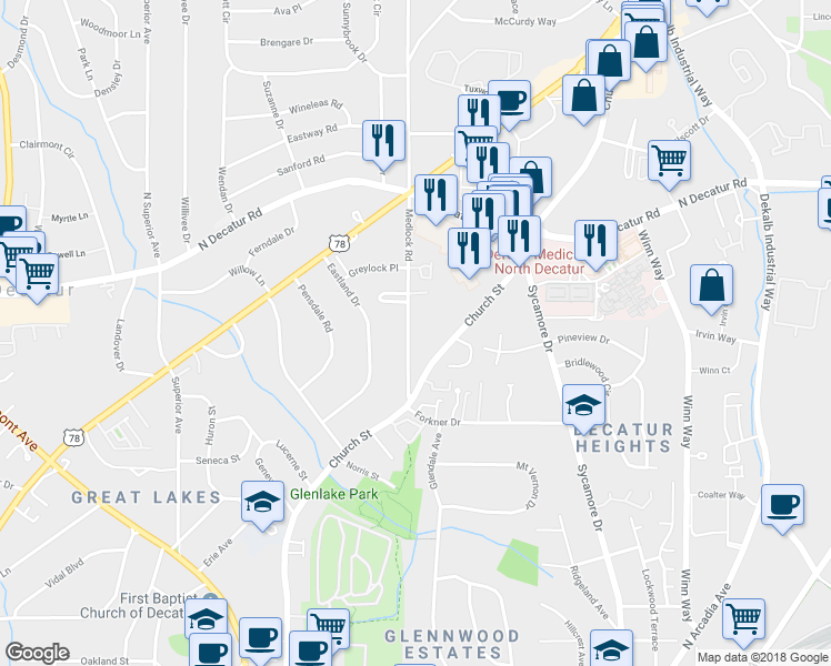 map of restaurants, bars, coffee shops, grocery stores, and more near 463 Medlock Road in Decatur