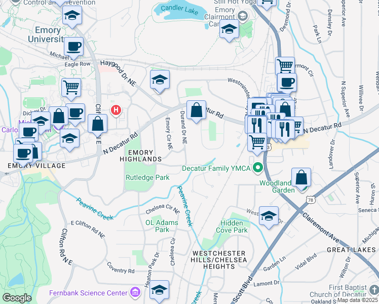 map of restaurants, bars, coffee shops, grocery stores, and more near 461 Durand Drive Northeast in Atlanta