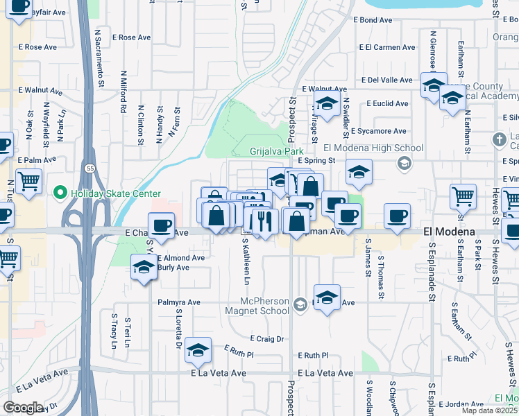 map of restaurants, bars, coffee shops, grocery stores, and more near 167 North 1st Street in Orange