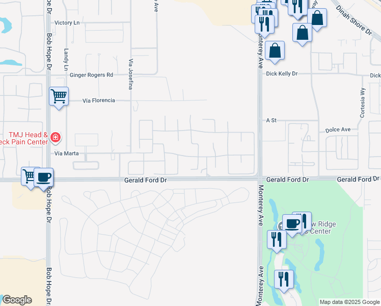 map of restaurants, bars, coffee shops, grocery stores, and more near 34 Paris Way in Rancho Mirage