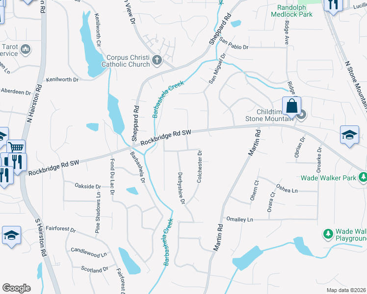 map of restaurants, bars, coffee shops, grocery stores, and more near 284 Colchester Drive in Stone Mountain