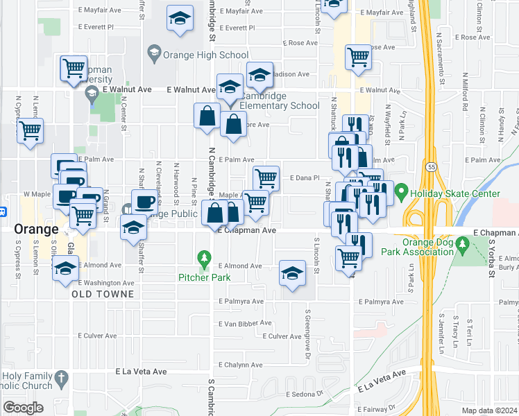 map of restaurants, bars, coffee shops, grocery stores, and more near 1133 East Maplewood Place in Orange