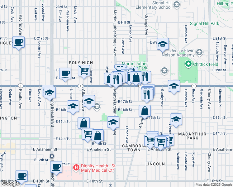 map of restaurants, bars, coffee shops, grocery stores, and more near 1748 Martin Luther King Junior Avenue in Long Beach