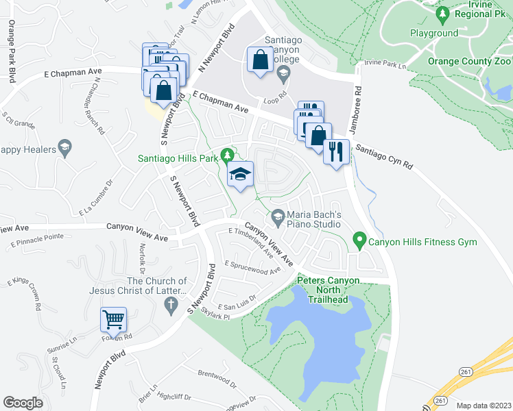 map of restaurants, bars, coffee shops, grocery stores, and more near 8049 East Woodwind Avenue in Orange