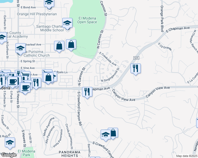 map of restaurants, bars, coffee shops, grocery stores, and more near 5722 East Stillwater Avenue in Orange