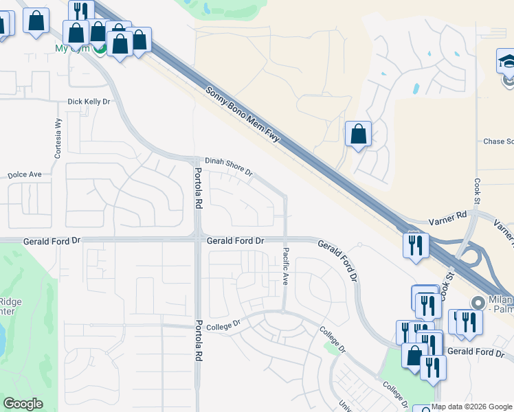map of restaurants, bars, coffee shops, grocery stores, and more near 74542 Xander Court in Palm Desert